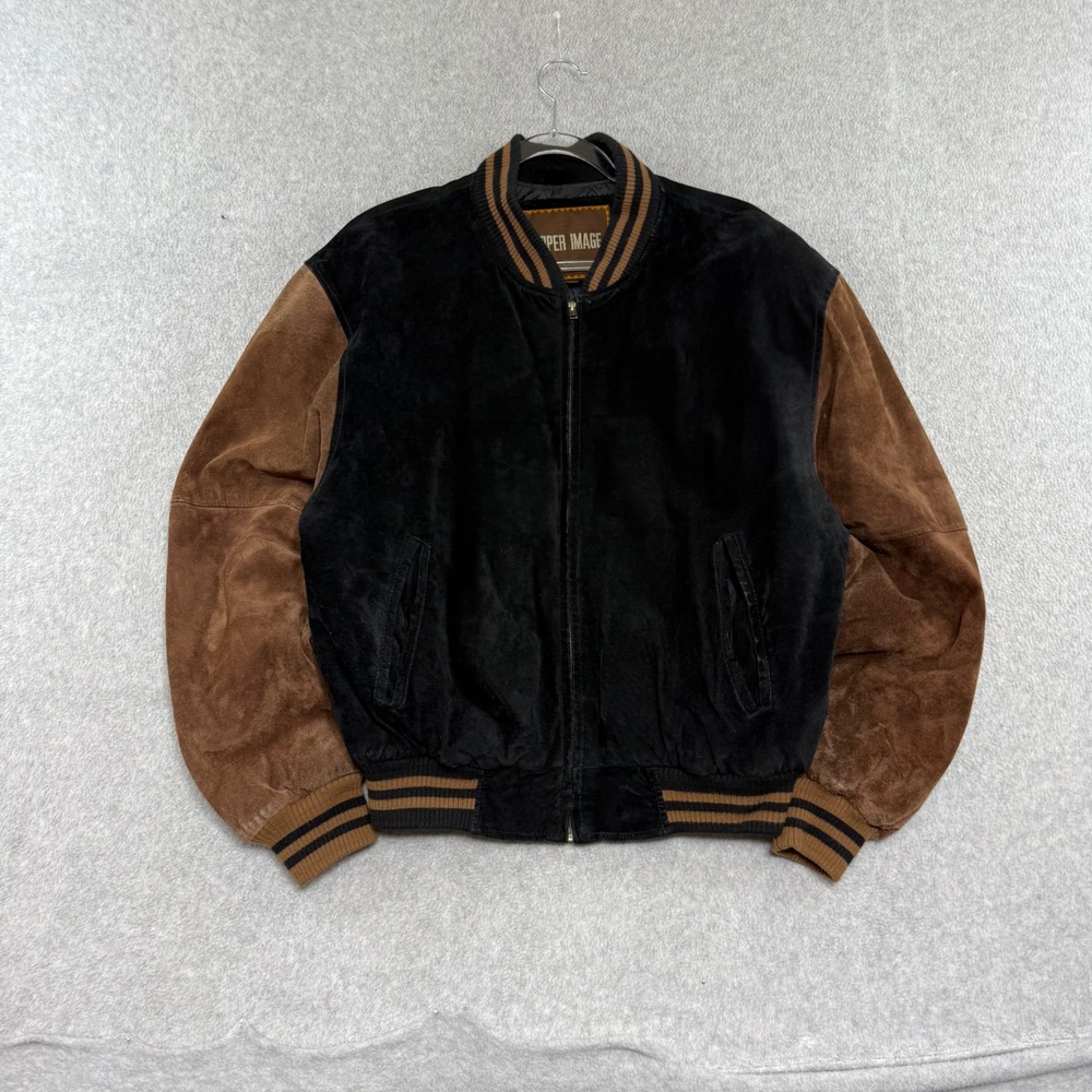 Varsity Vintage Suede Bomber Jacket Mens Medium Black Brown Varsity Vintage
